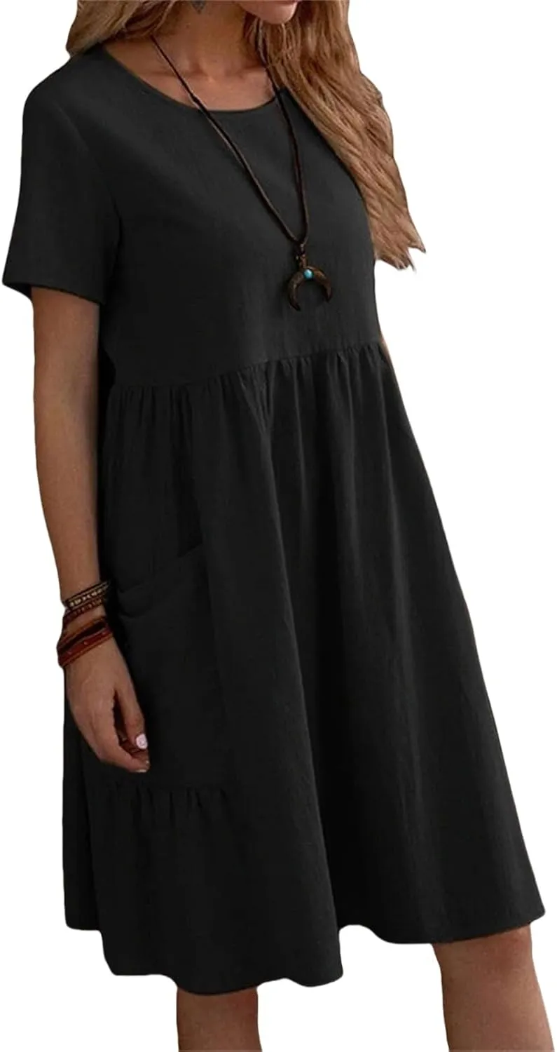 Dresses for Women Casual Linen T Shirt Mini Dresses Loose Tiered Beach Dress Short Sleeve Crewneck Dress with Pockets