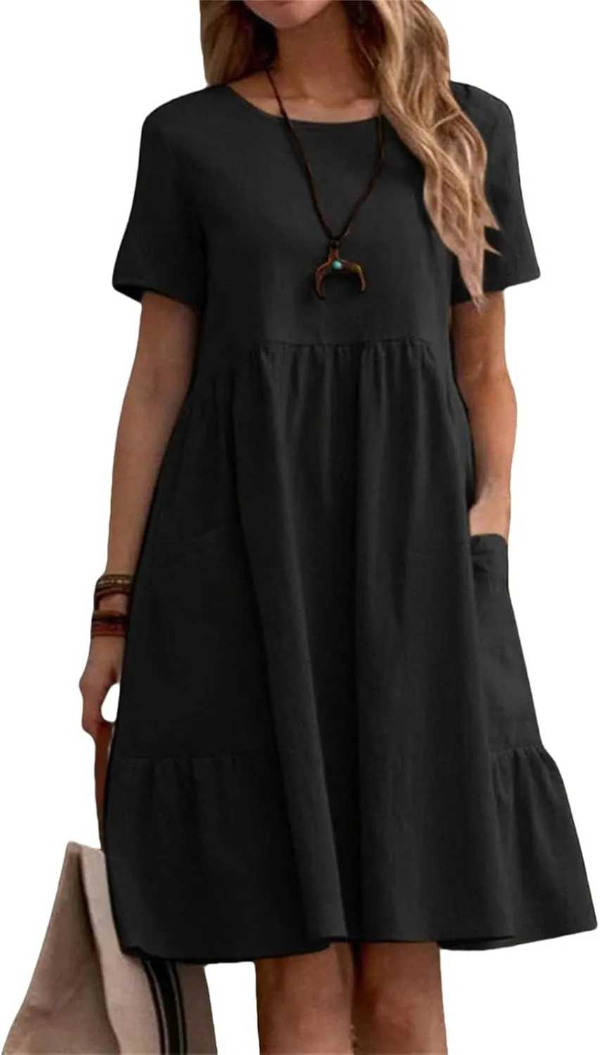 Dresses for Women Casual Linen T Shirt Mini Dresses Loose Tiered Beach Dress Short Sleeve Crewneck Dress with Pockets