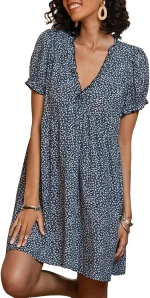 Dresses for Women V Neck Short Sleeves Stylish Blue and White Floral Printed Summer Beach Vacation Mini Shift Dress