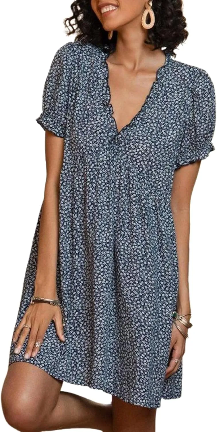 Dresses for Women V Neck Short Sleeves Stylish Blue and White Floral Printed Summer Beach Vacation Mini Shift Dress