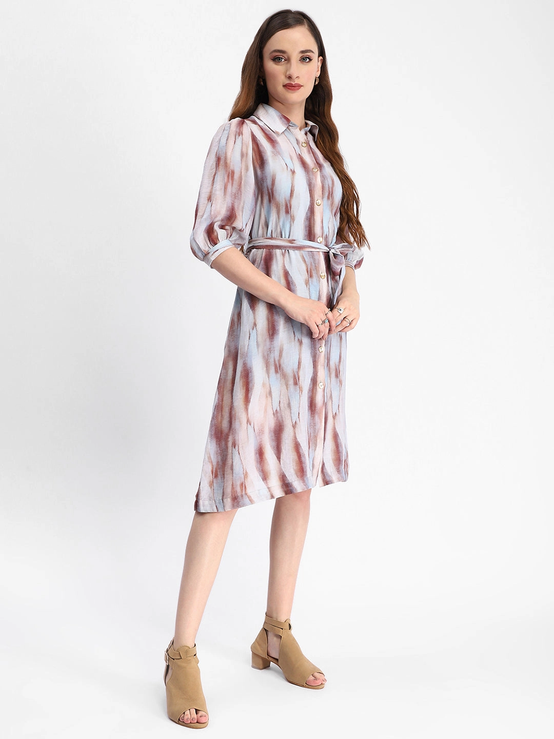 Chic Waistband Madame Blue Abstract Print Belted A Line Midi Dress