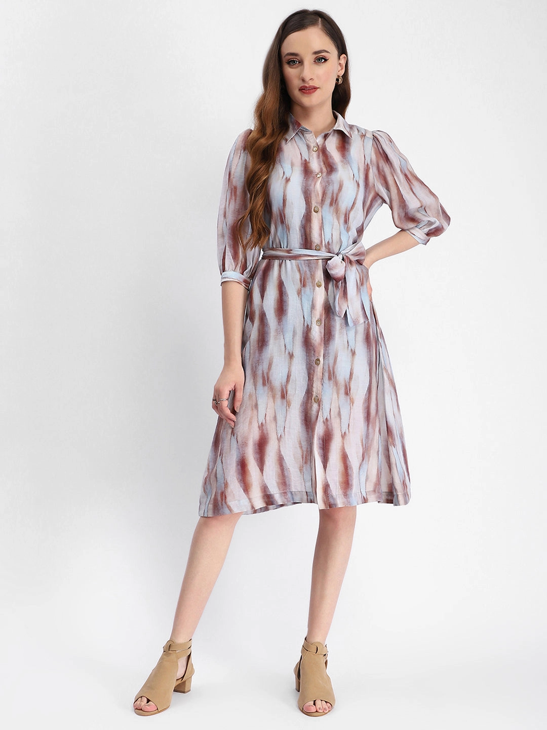 Madame Blue Abstract Print Belted A Line Midi Dress Relaxed Layer Olive Tone
