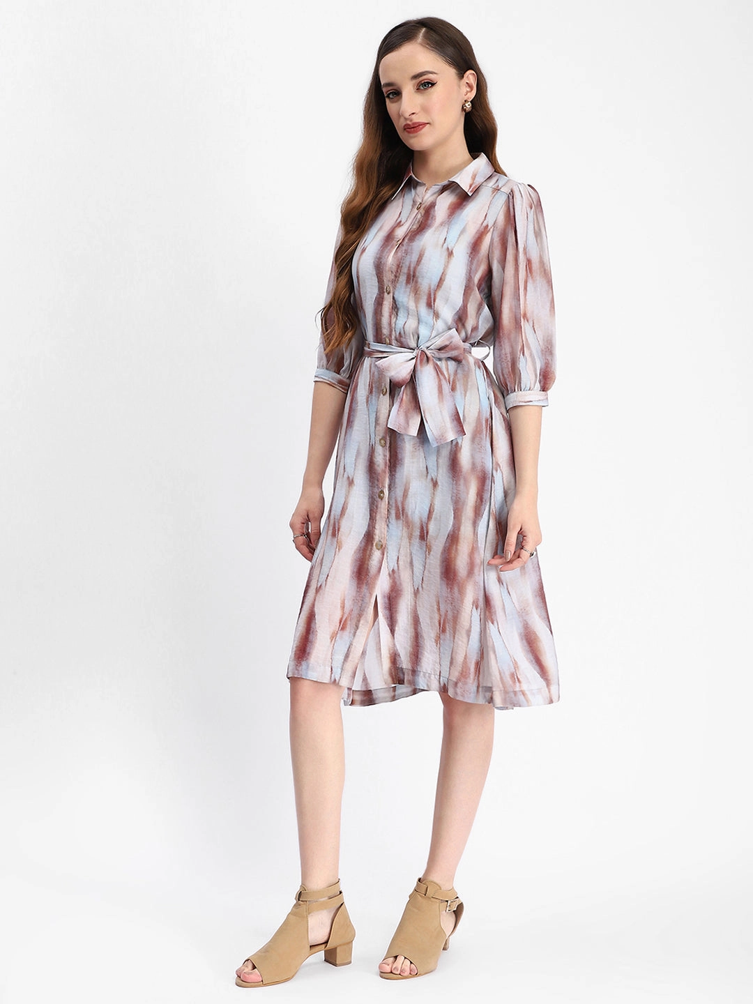 Madame Blue Abstract Print Belted A Line Midi Dress Spring Garden