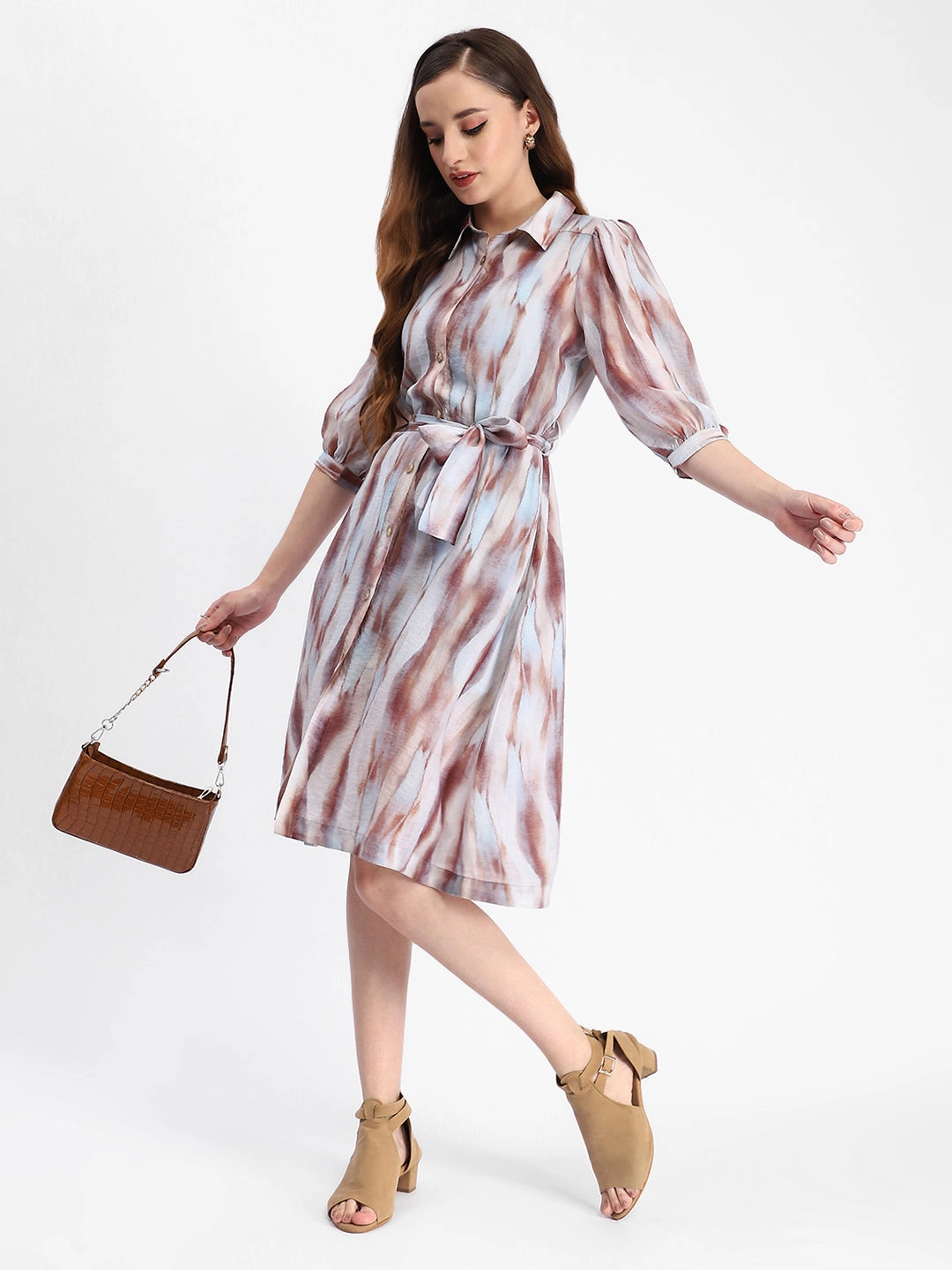 Neutral Mood Madame Blue Abstract Print Belted A Line Midi Dress