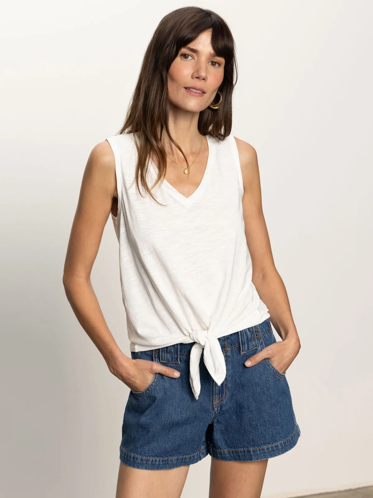 V-Neck Tie Tank White Comfort and Fit