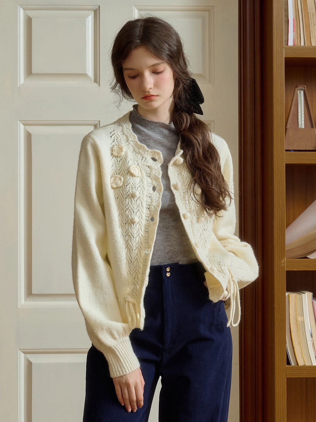 Soft Touch Workday Fit Monica Wave Collar Hollow 3D Crochet Flowers & Pompom Lace-Up Sweater Cardigan