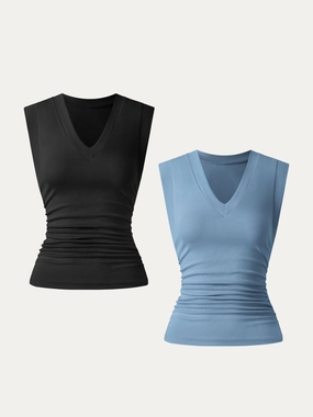 2Pcs Set Stretch Cotton V-neck Side Ruched Muscle Tee Reflective details
