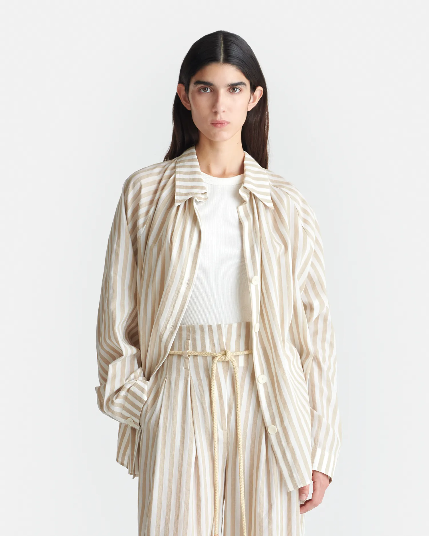 Ada - Striped Linen Shirt - Beige swimming accessory floral shorts