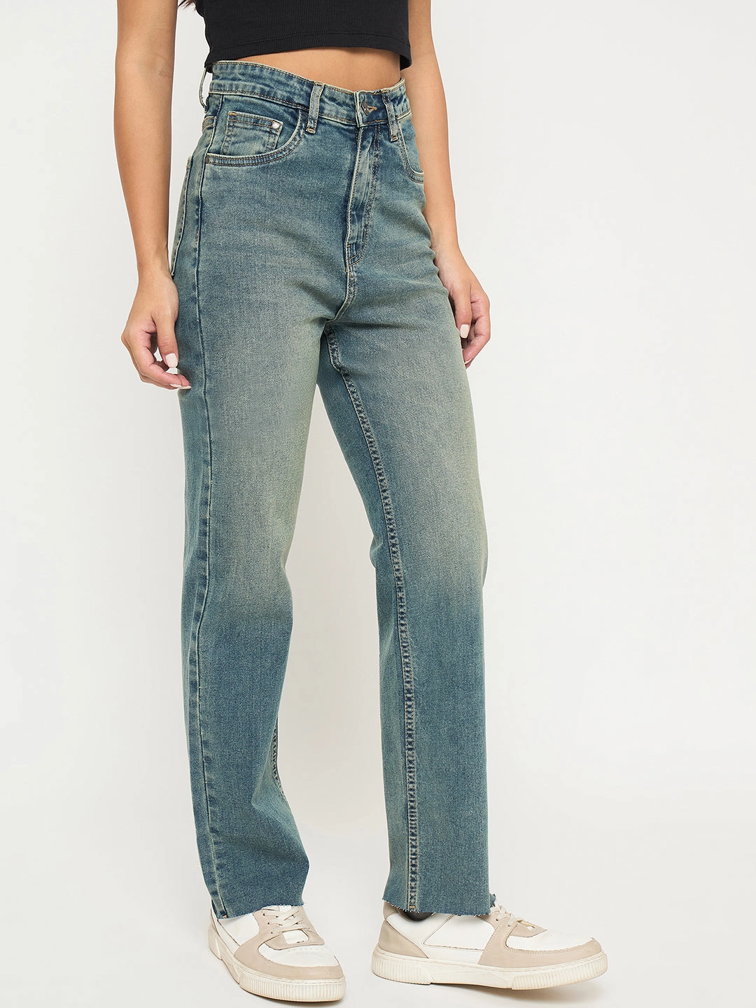 Eco Friendly Fashion Lover Morning Stroll Madame Whiskered Tinted Green Cotton Blend Jeans