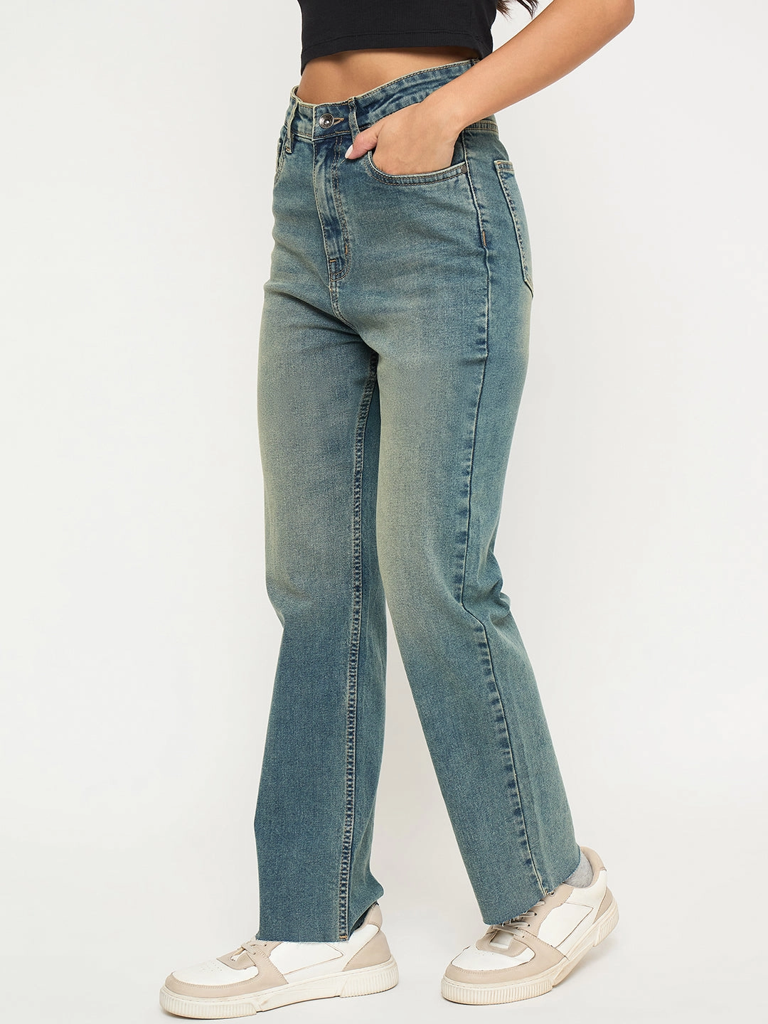 Clean Piece Madame Whiskered Tinted Green Cotton Blend Jeans