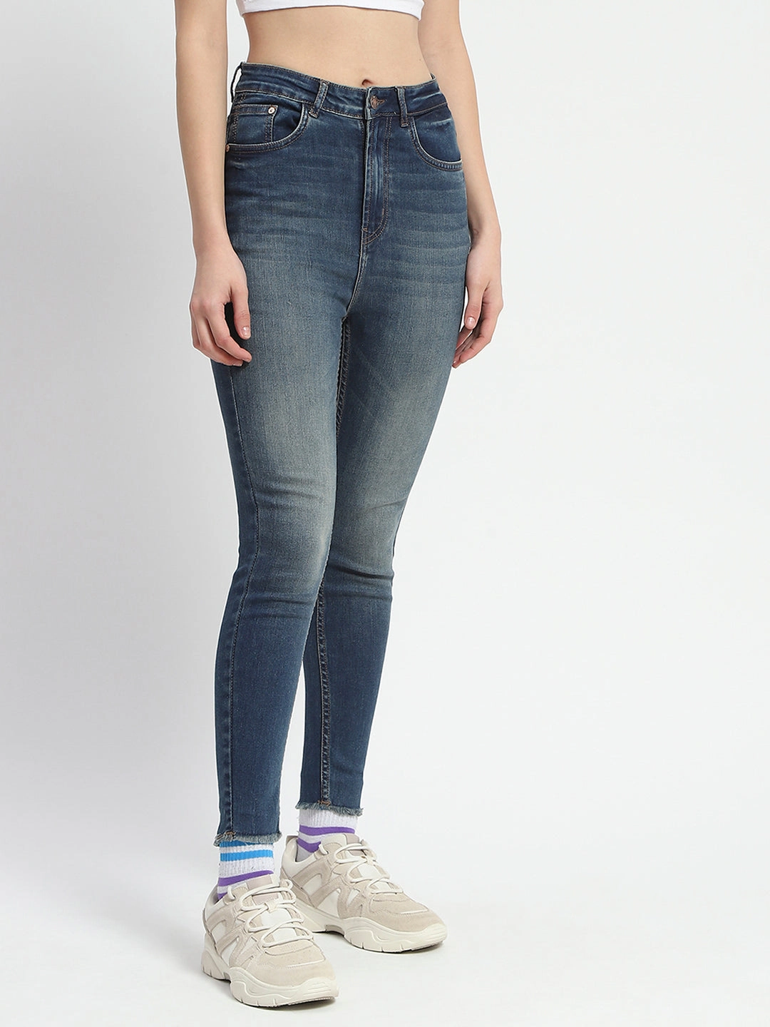 Madame Whiskered Stone Wash Green Tinted Cotton Denim Minimalist Pocket Design Fashion Fit Design
