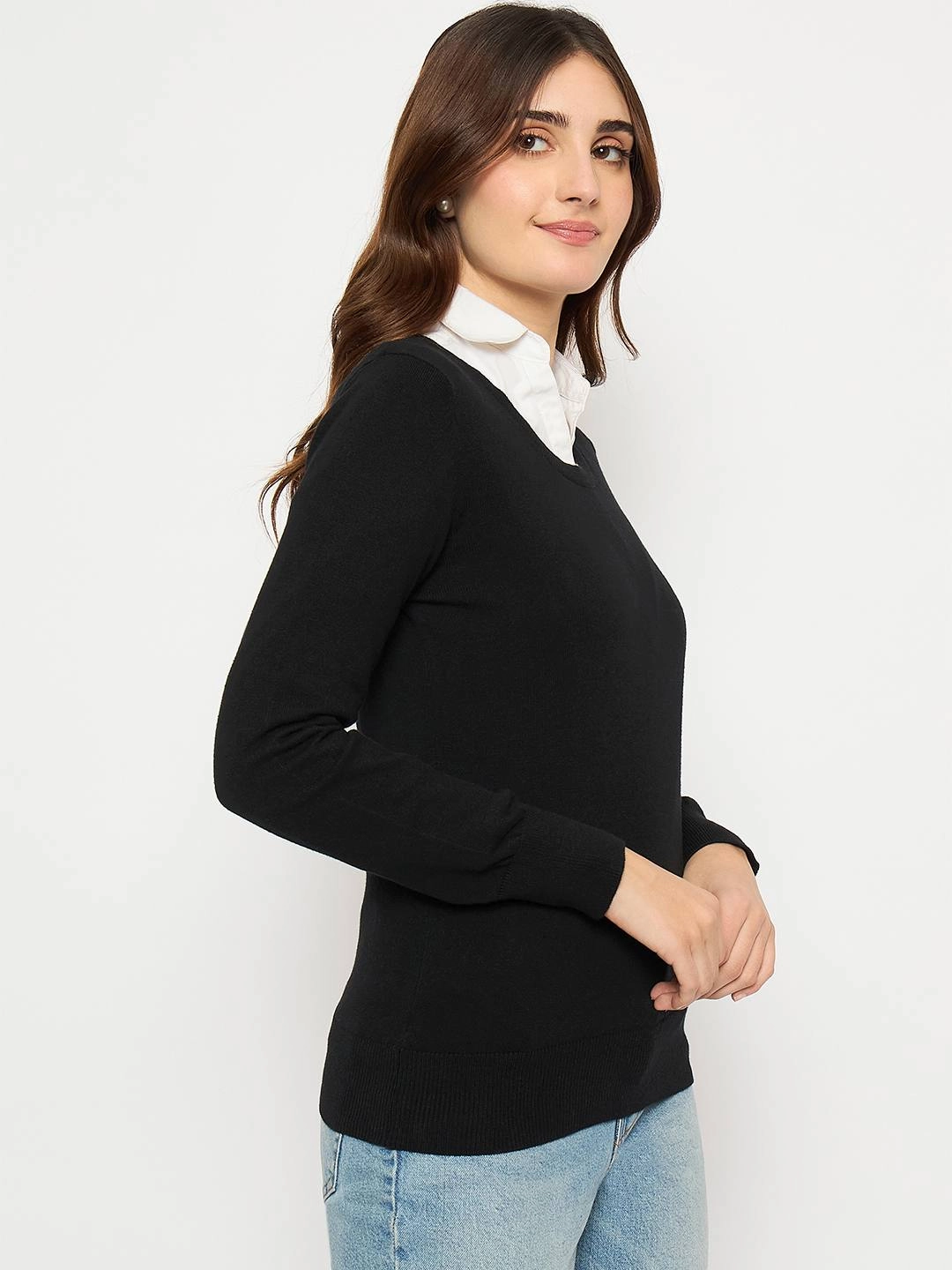 Madame Round Neck Ribbed Cuff Black Sweater Perfect Knit Chilly Weather