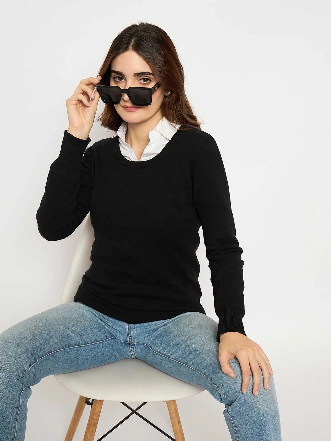 Everyday Ease Madame Round Neck Ribbed Cuff Black Sweater