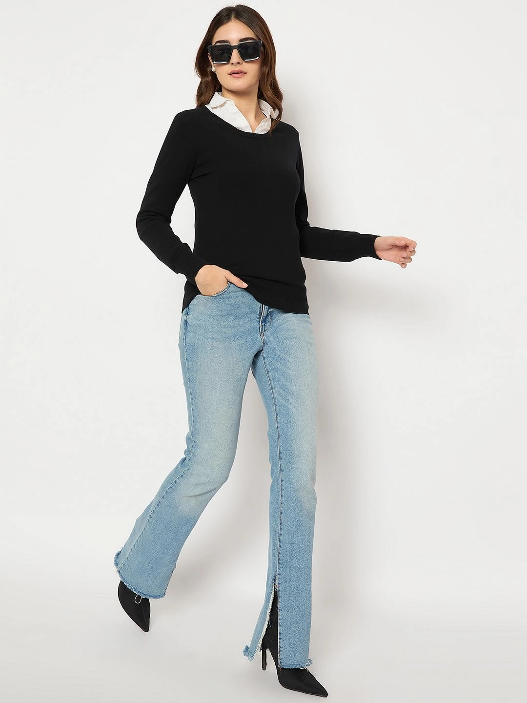 Flexible Neck Opening Chilly Wardrobe Madame Round Neck Ribbed Cuff Black Sweater