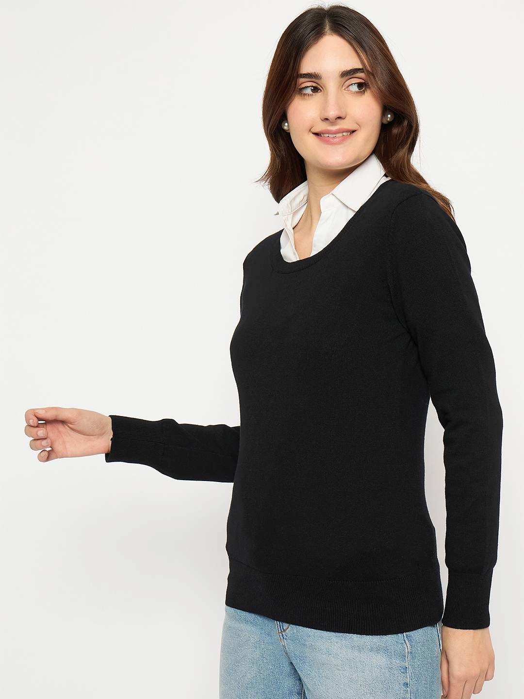 Madame Round Neck Ribbed Cuff Black Sweater Relaxed Neckline Active Comfort
