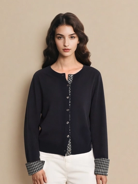 Loop Back Finish Ariyah Round Neck Plaid 100% Wool Cardigan