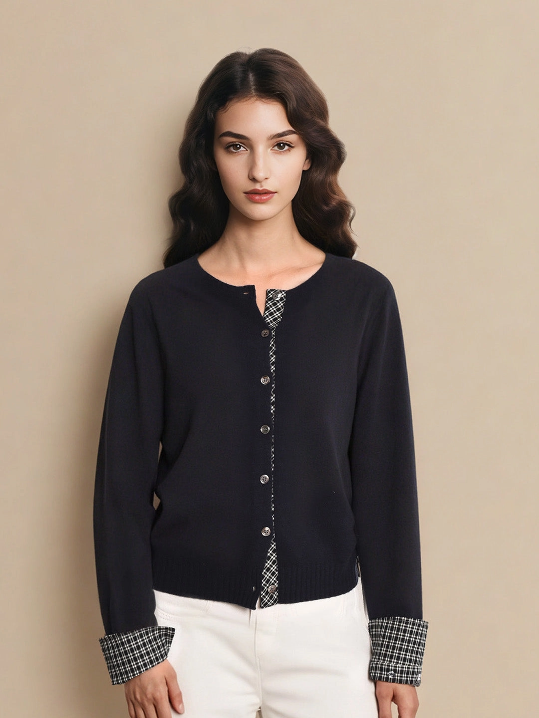 Ariyah Round Neck Plaid 100% Wool Cardigan NonRestrictive Cuff Design Texture Tone