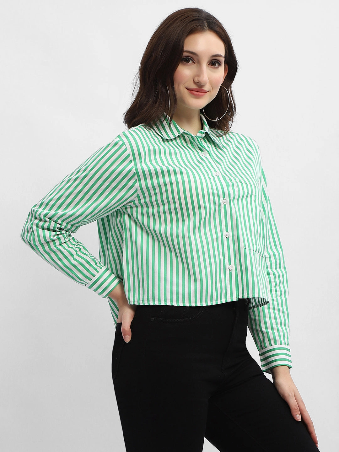 Layered Sleeve Cuffs Matte Finish Madame Striped Green Regular Shirt