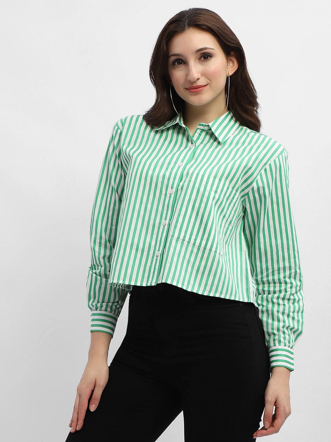 Madame Striped Green Regular Shirt Affordable Fashion Matte Finish