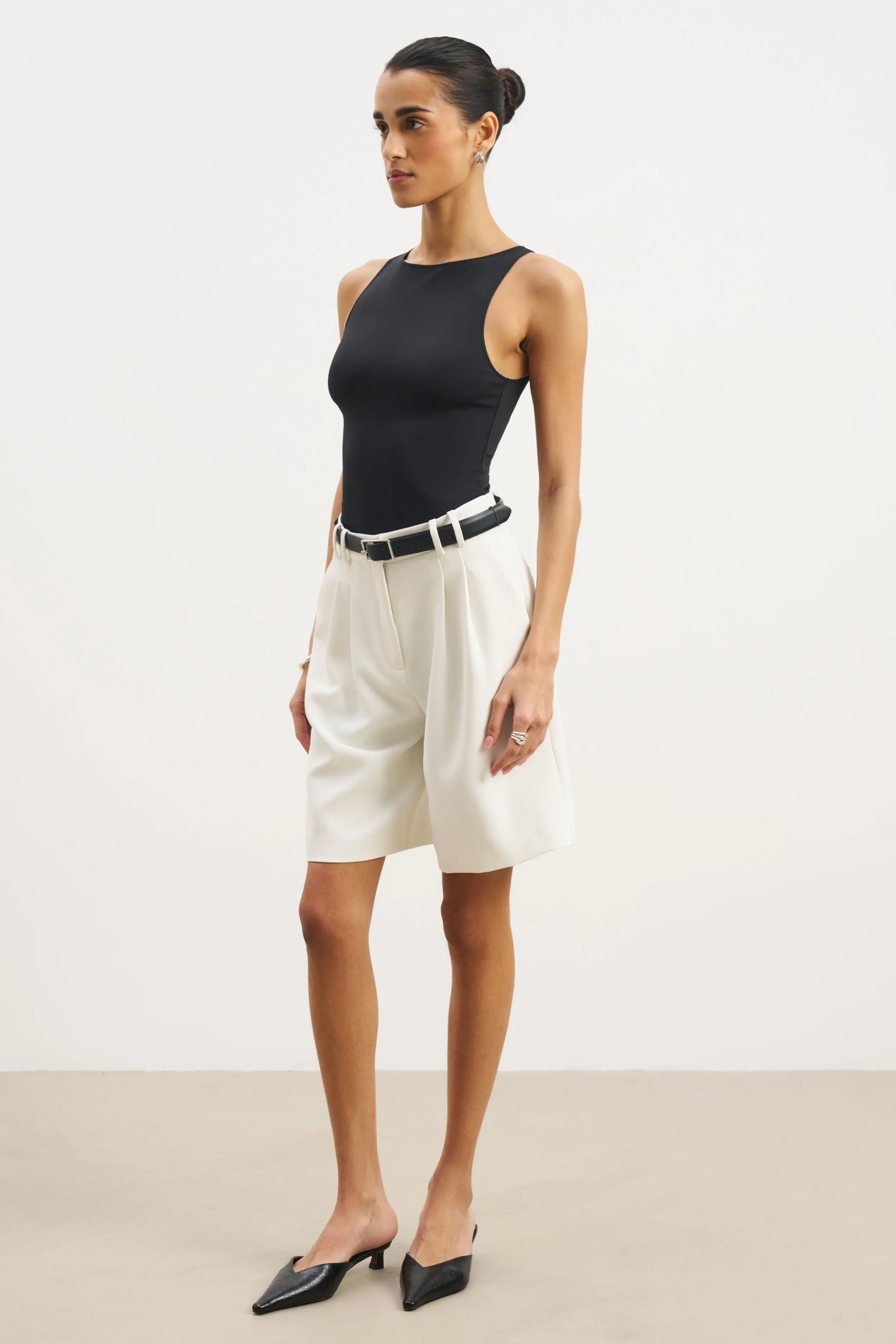 WrinkleResistant Fabric Boat Neck Tank Top - Black