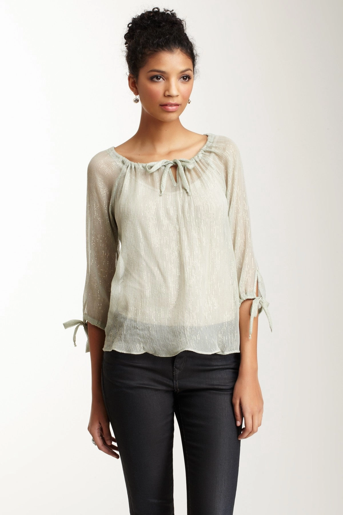 Silk Lurex Tunic Top - Seafoam Ventilated Mesh Panels All Weather Performance Fabric