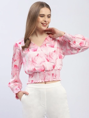 Bonded Seam Technique Cool Fabric Madame V-Neck Pink Cinched Waist Crop Top