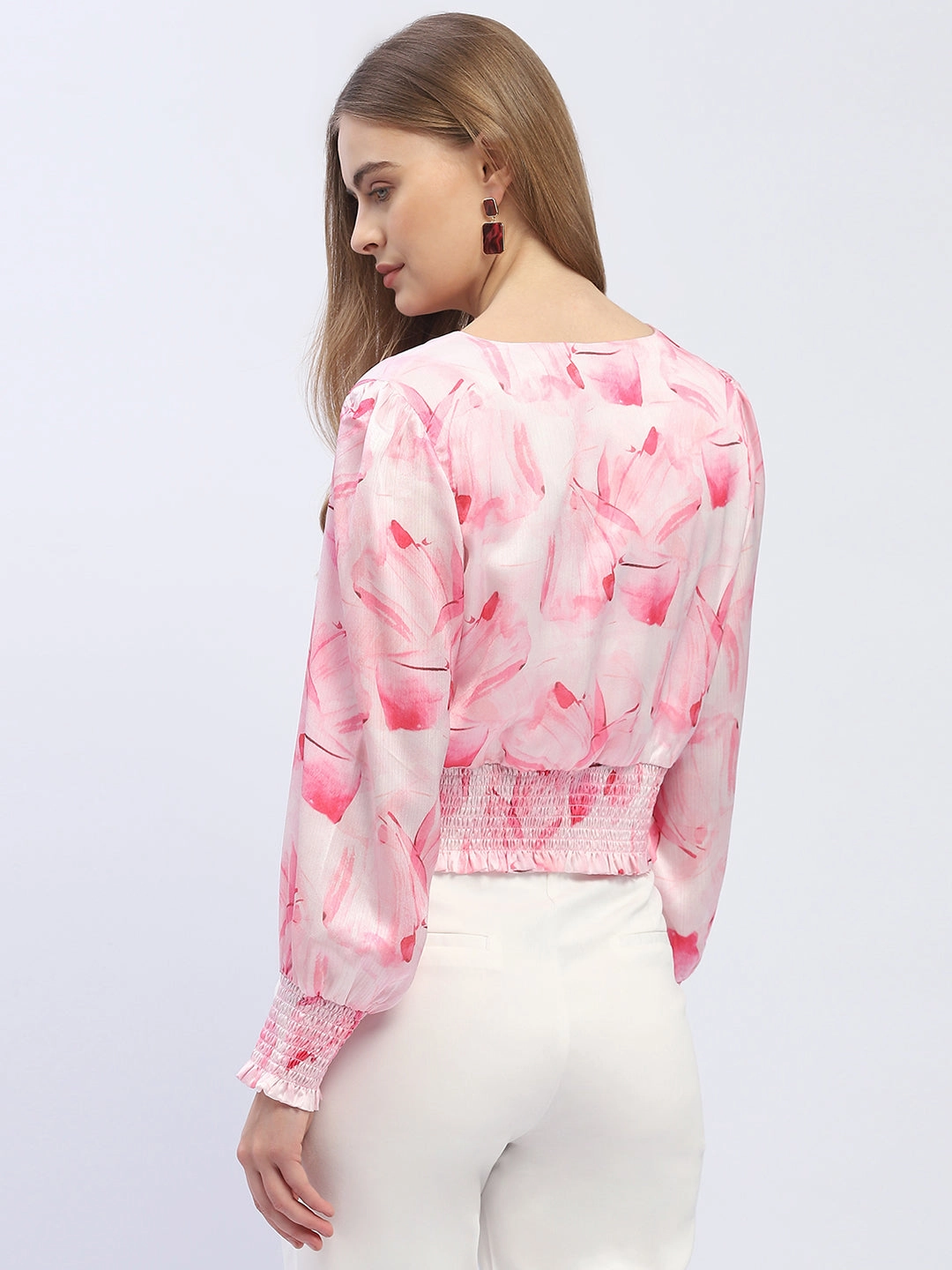 Madame V-Neck Pink Cinched Waist Crop Top AntiOdorTechnology Slim Fit Design