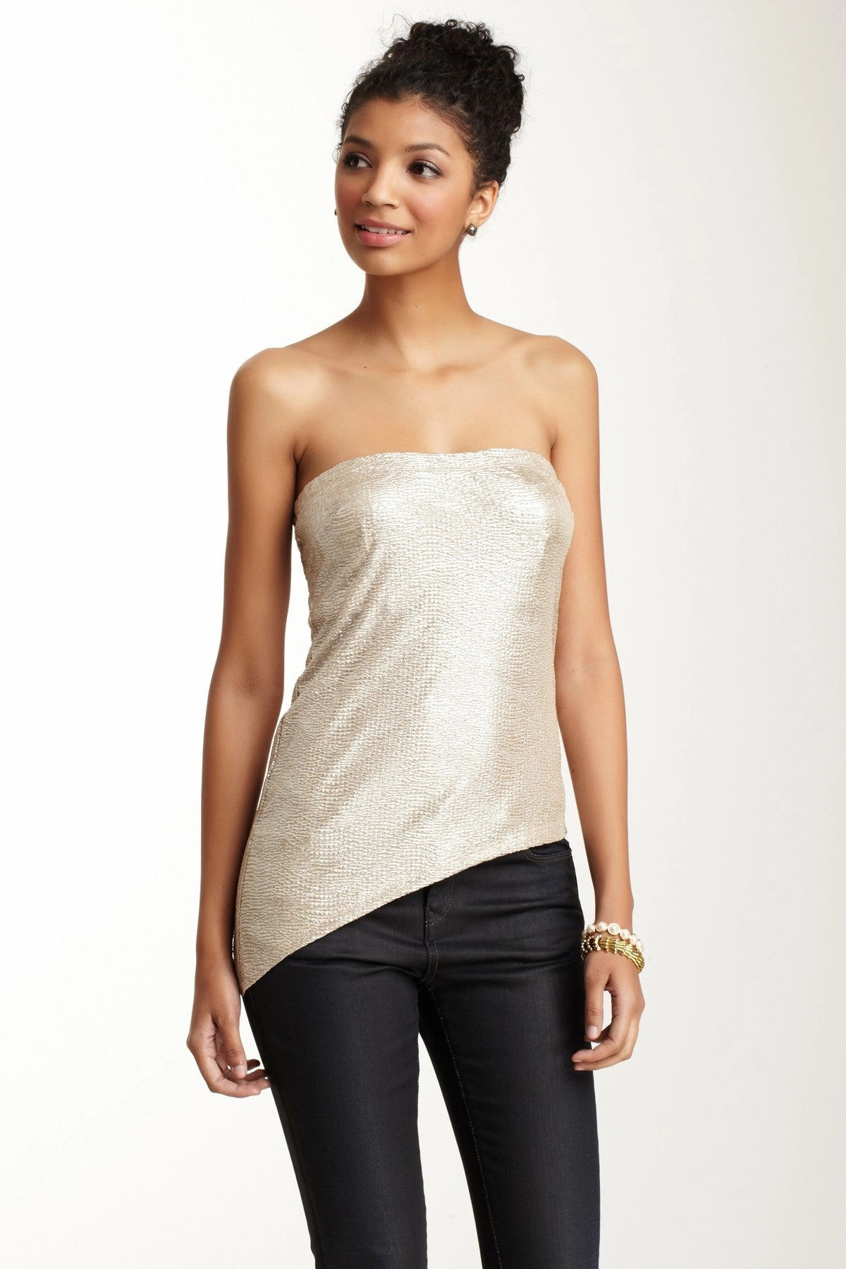 ButtonlessClosure CrossGrain Fabric Skewed Hem Tube Top - Silver