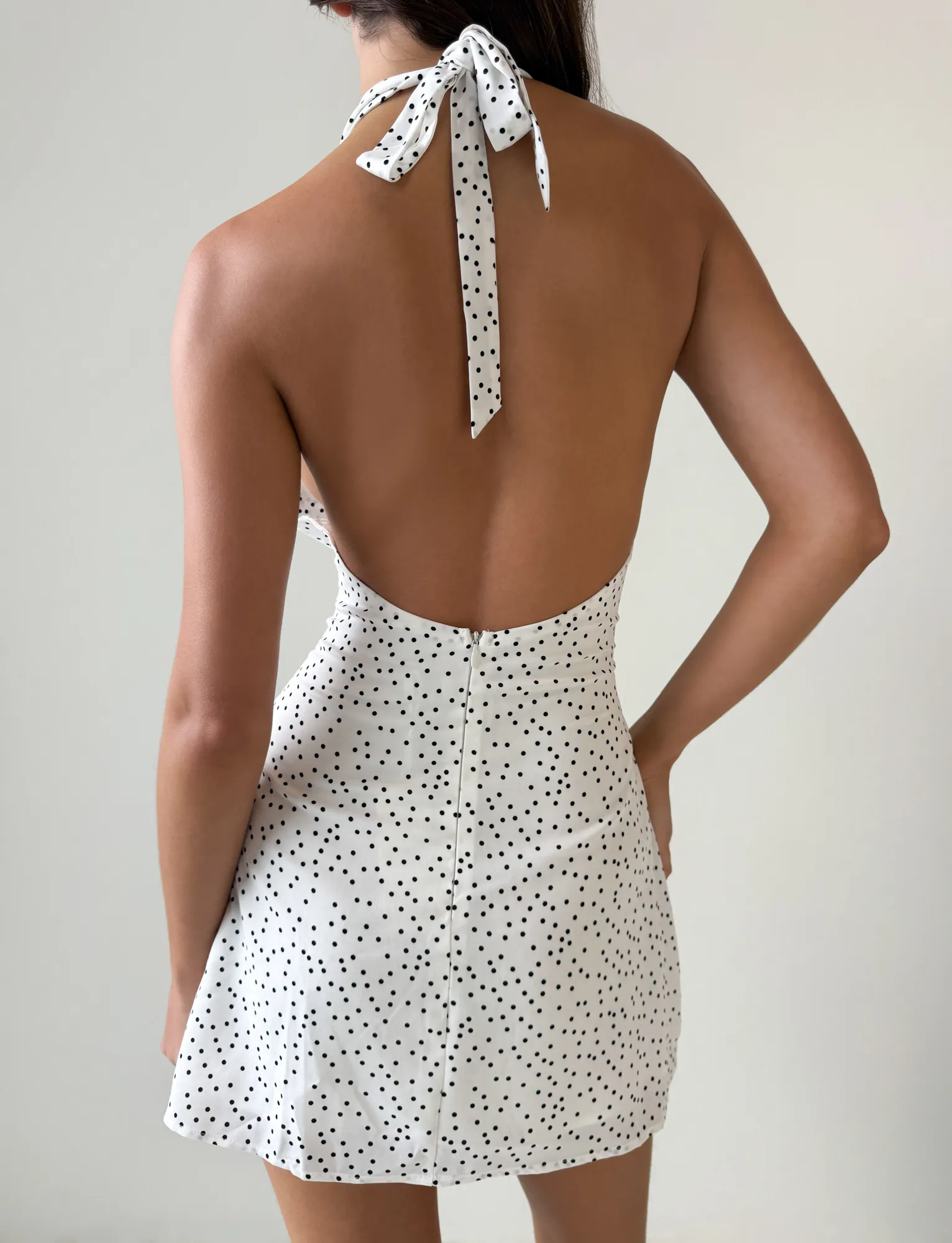 DYLAN HALTER MINI DRESS - WHITE POLKA Airy Silk
