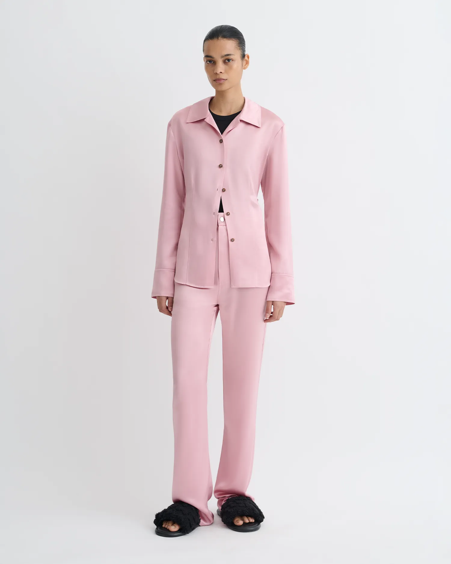 Nathalie - Slip Satin Shirt - Pink Non Binding Waistline Linen blend