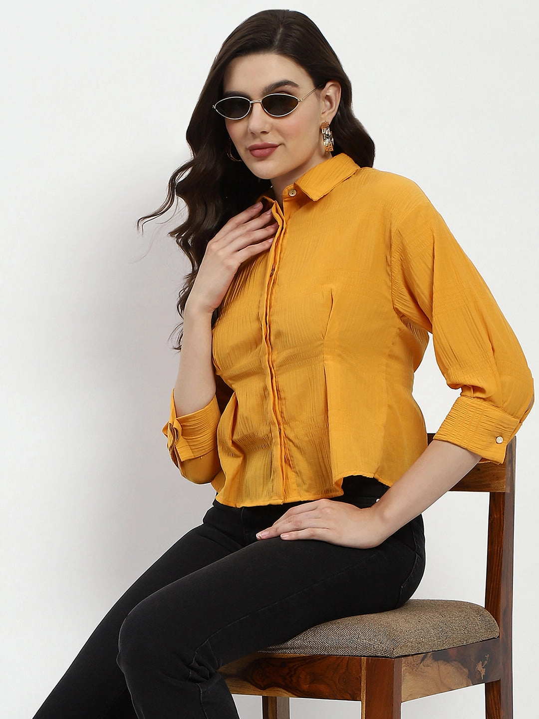 Static Dissipating Fiber Lace Accent Madame Cinched Waist Mustard Shirt