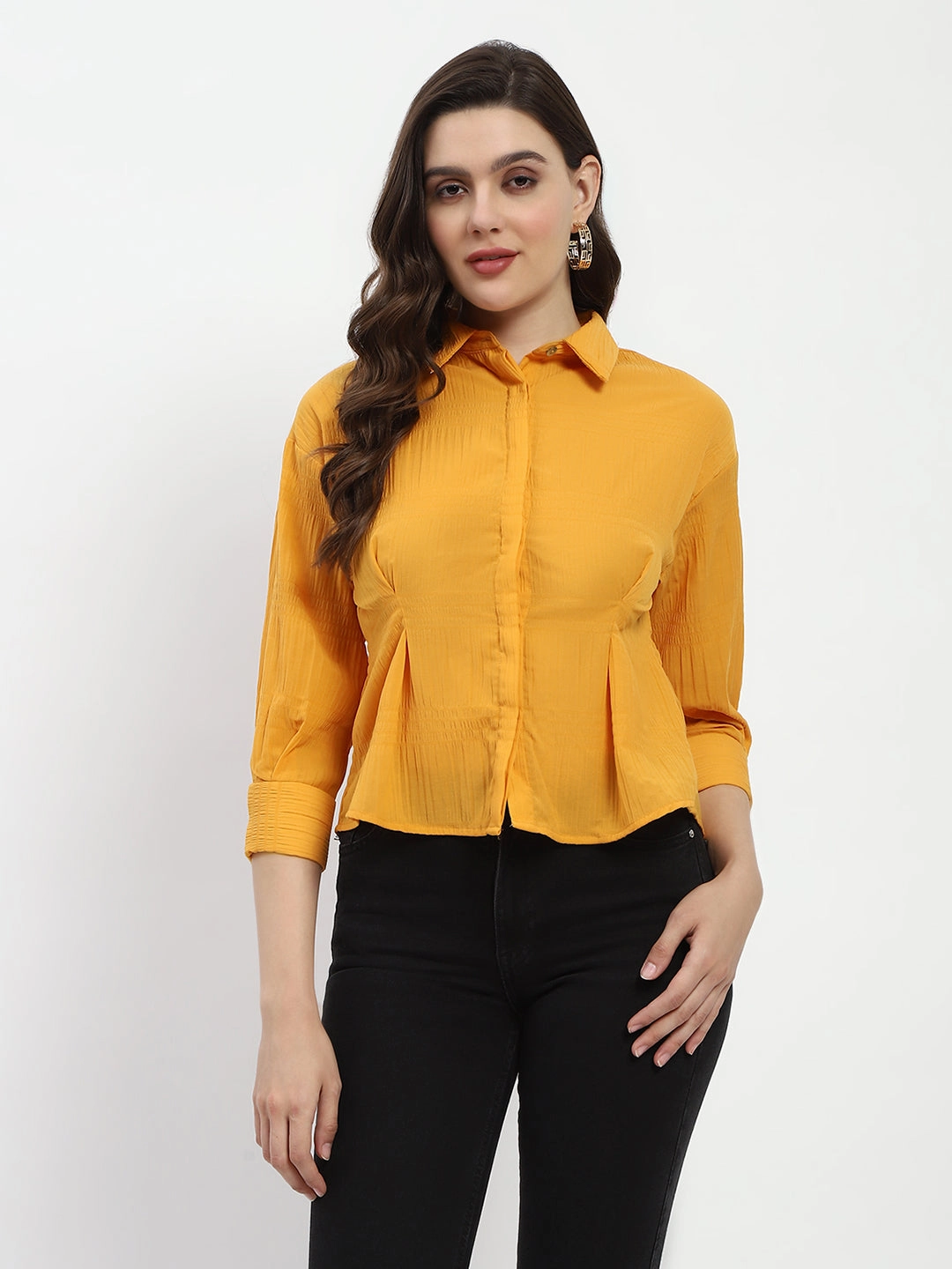 UV Protective Fabric Weekend Outfit Madame Cinched Waist Mustard Shirt