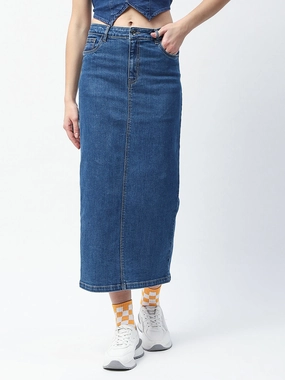 Fashion Collab Secure Closure Madame Solid Mid Blue Cotton Blend Maxi Denim Skirt