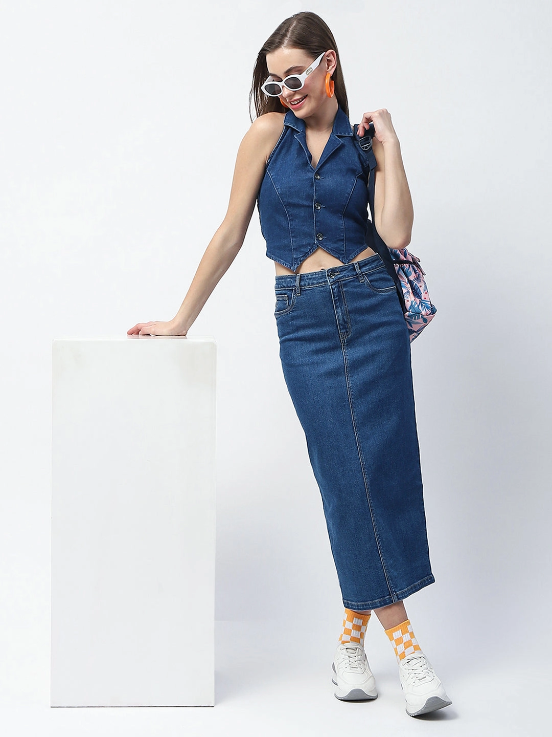 Non Irritating Texture Animal Print Madame Solid Mid Blue Cotton Blend Maxi Denim Skirt