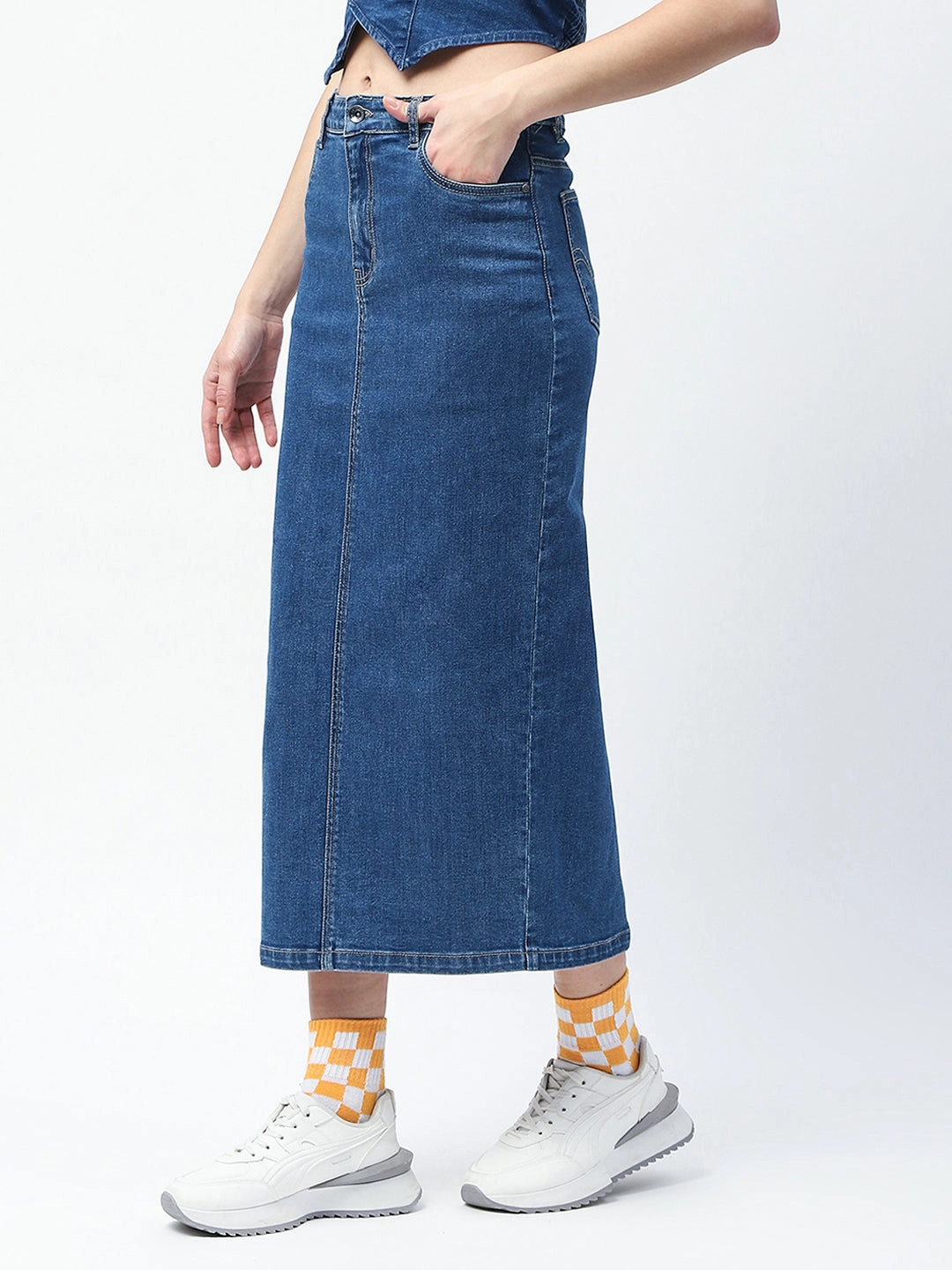 Cuffed hem Madame Solid Mid Blue Cotton Blend Maxi Denim Skirt