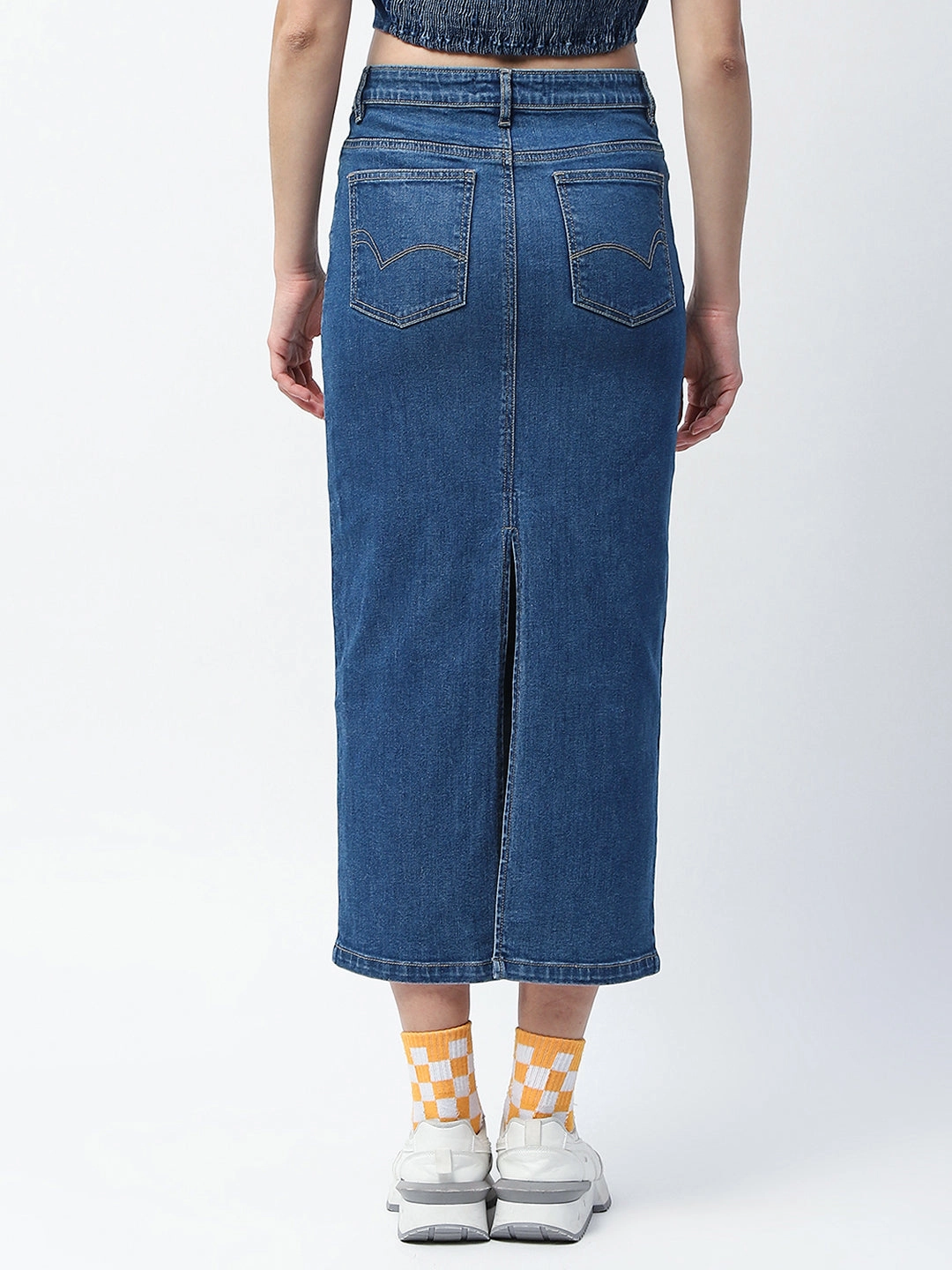 Madame Solid Mid Blue Cotton Blend Maxi Denim Skirt Refined Texture Chill Look