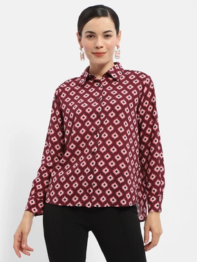 Madame Geometric Print Maroon Regular Shirt Anti Pill Treatment