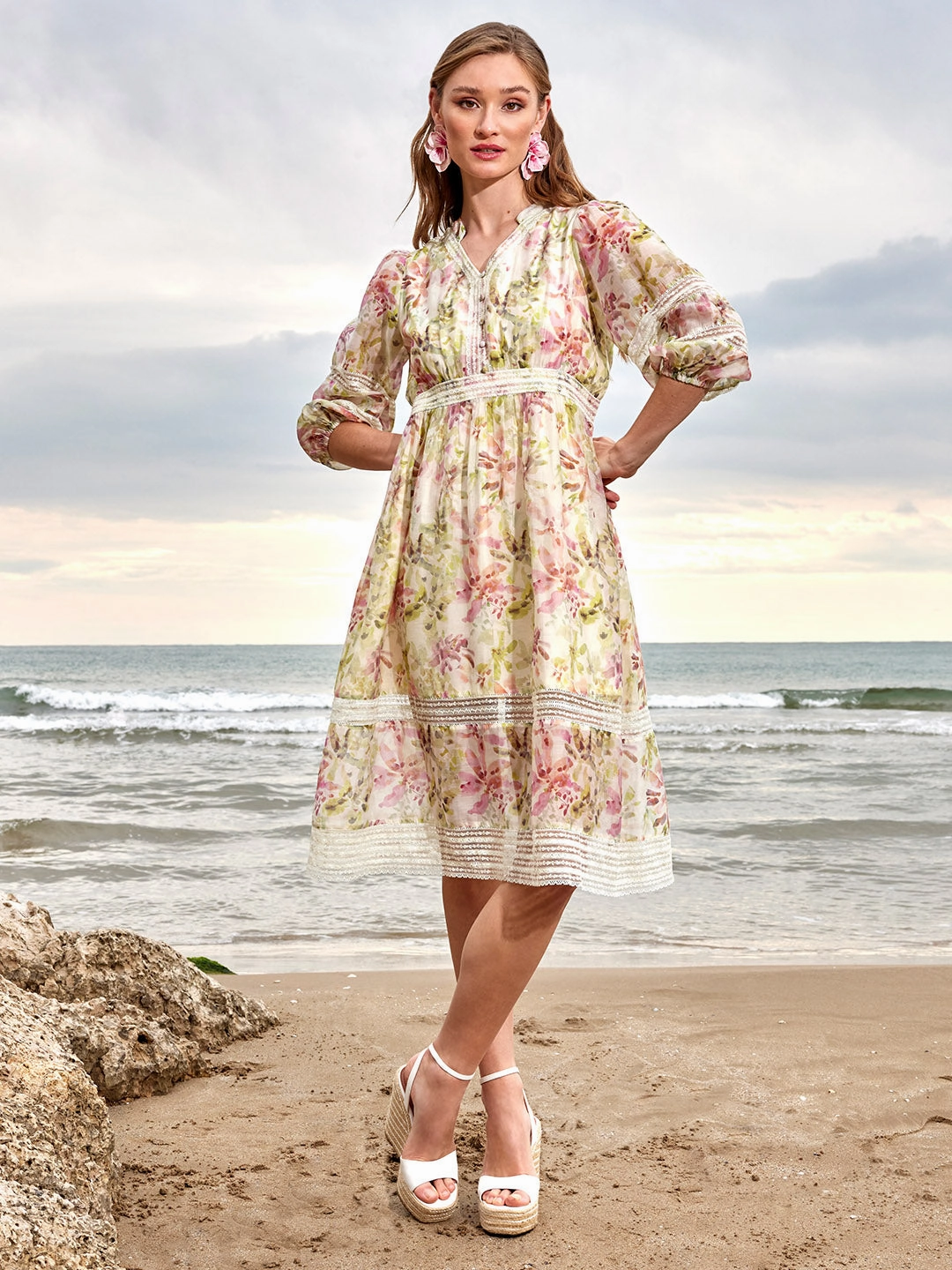 Madame Floral Print Laced Off White Mini Dress Natural Wrap Daywear Mood