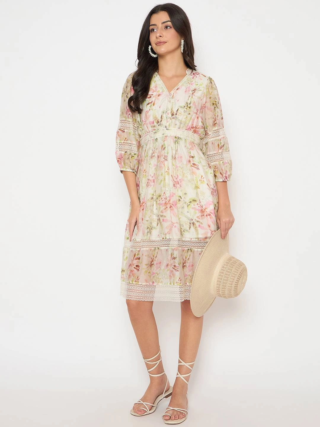everyday elegance Madame Floral Print Laced Off White Mini Dress