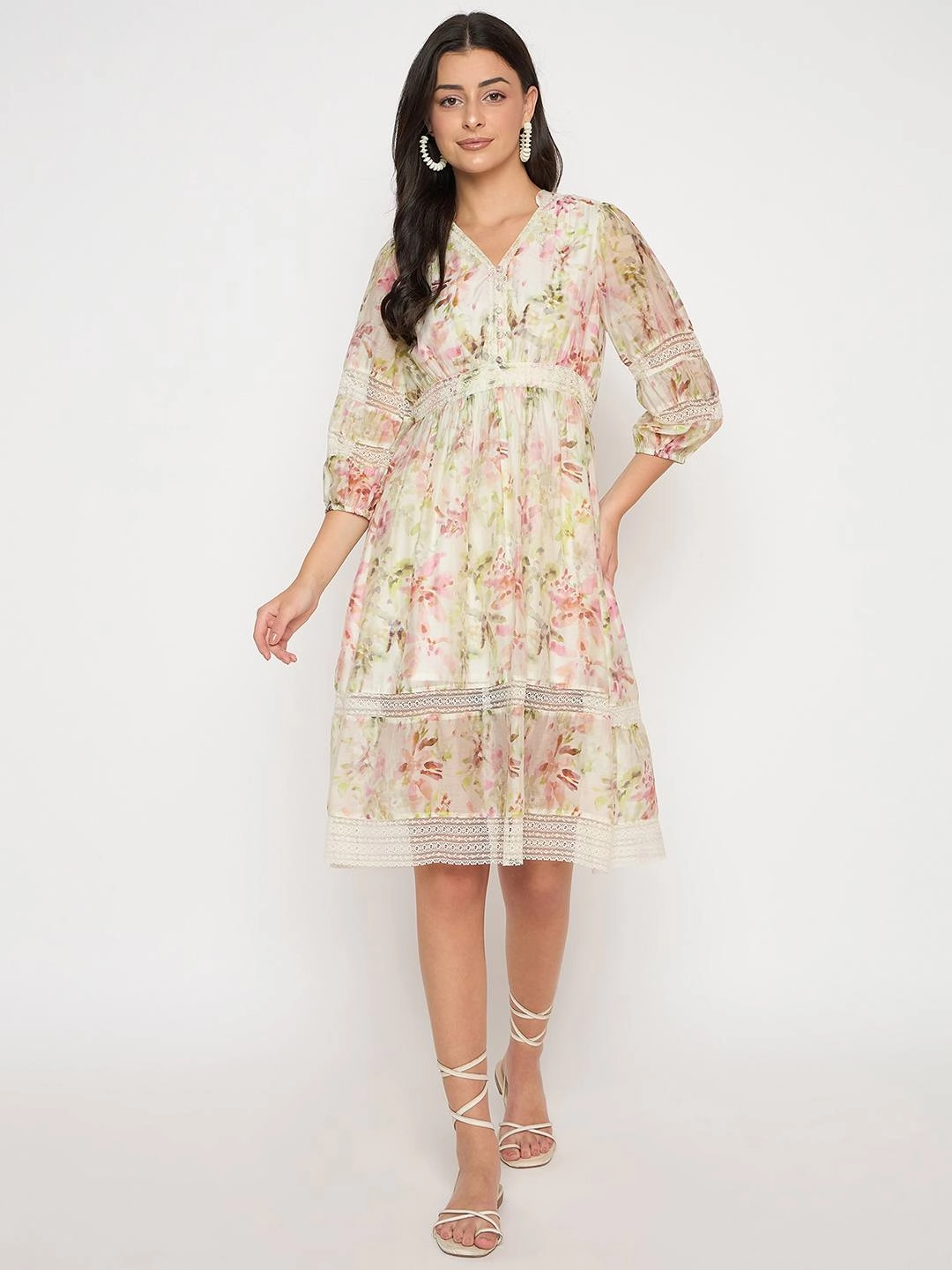 Madame Floral Print Laced Off White Mini Dress Night Ready