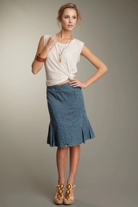Athleisure Inspired Stretch Denim Pleated Skirt - Blue Denim