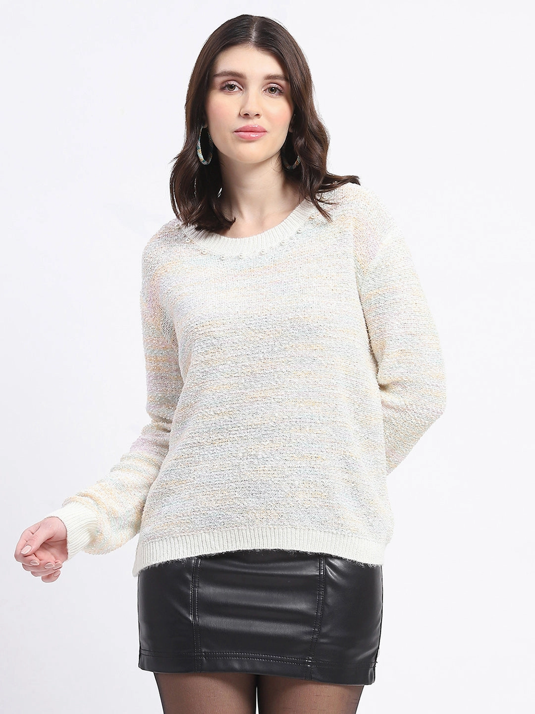 Madame Knit Crew Neck Multicolor Sweater Lightweight Layer Cozy pieces