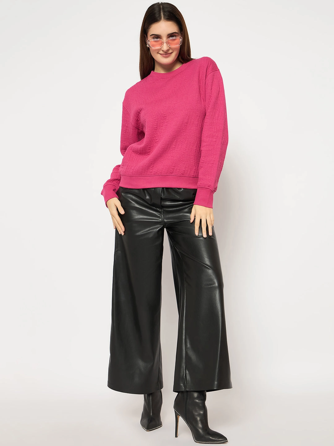 Cool Shades Madame Knitted Self-Textured Hot Pink Sweatshirt