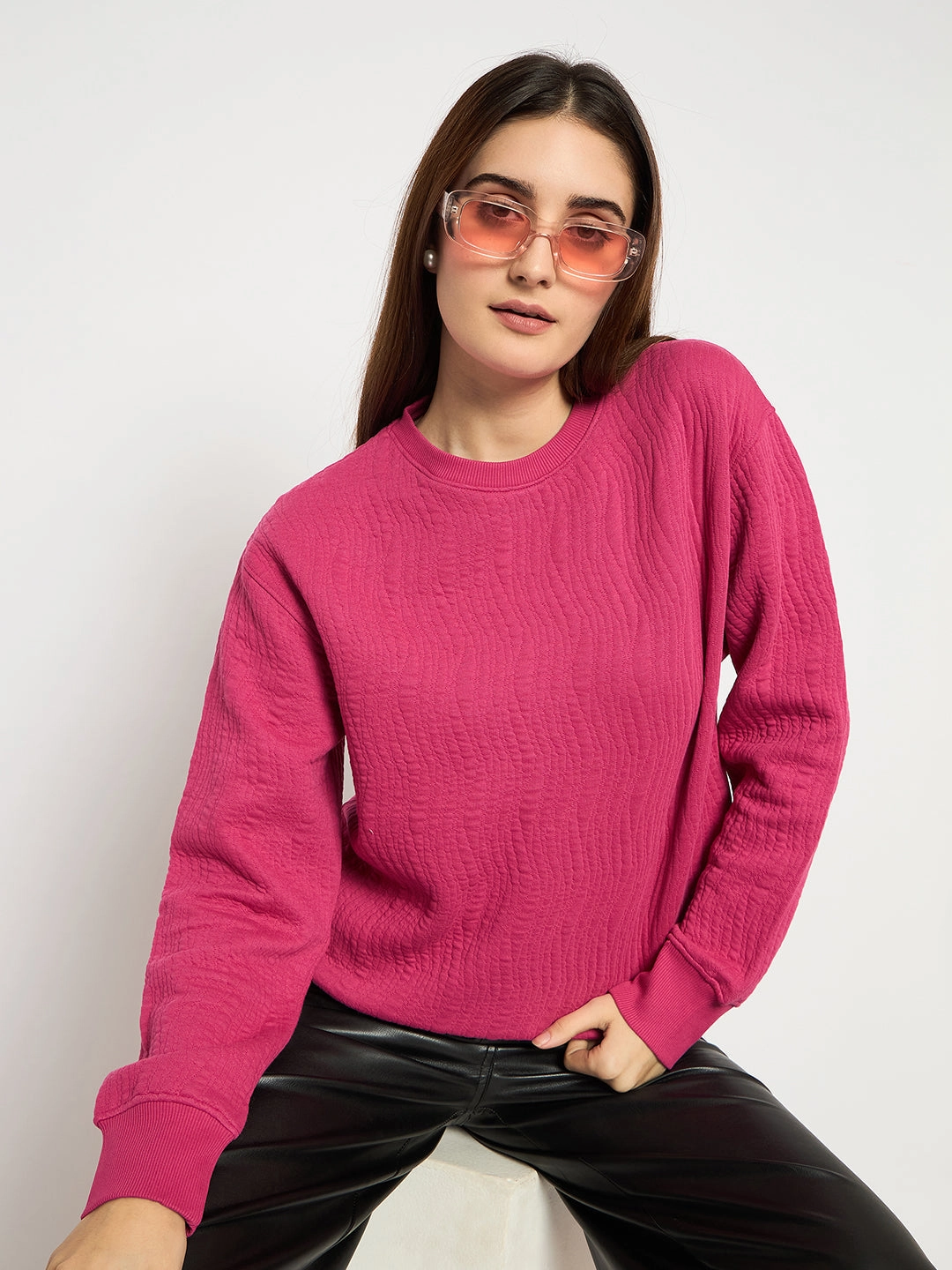 Premium Comfort Buttoned Madame Knitted Self-Textured Hot Pink Sweatshirt