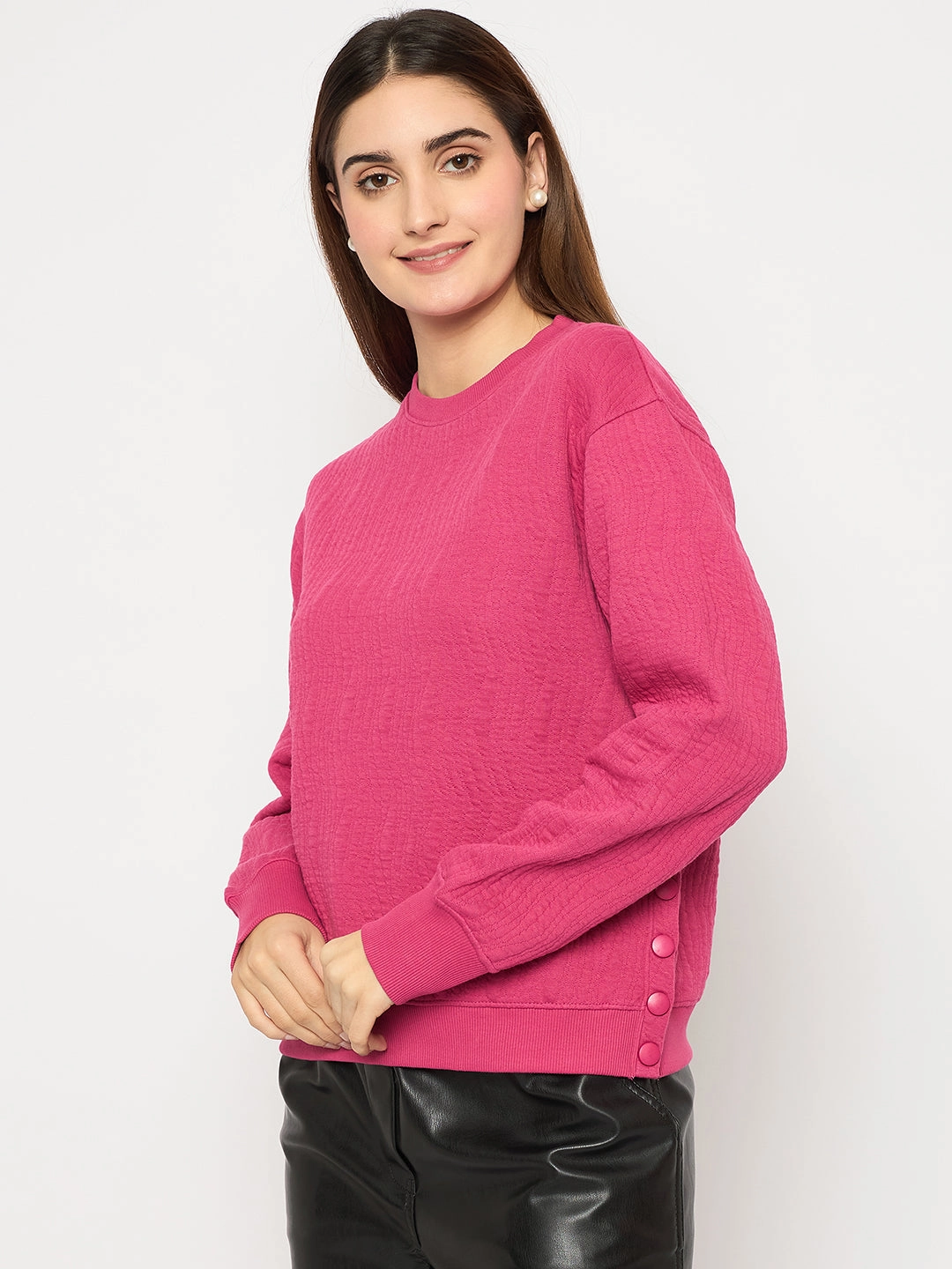 Relaxed Fashion Cozy Street Madame Knitted Self-Textured Hot Pink Sweatshirt