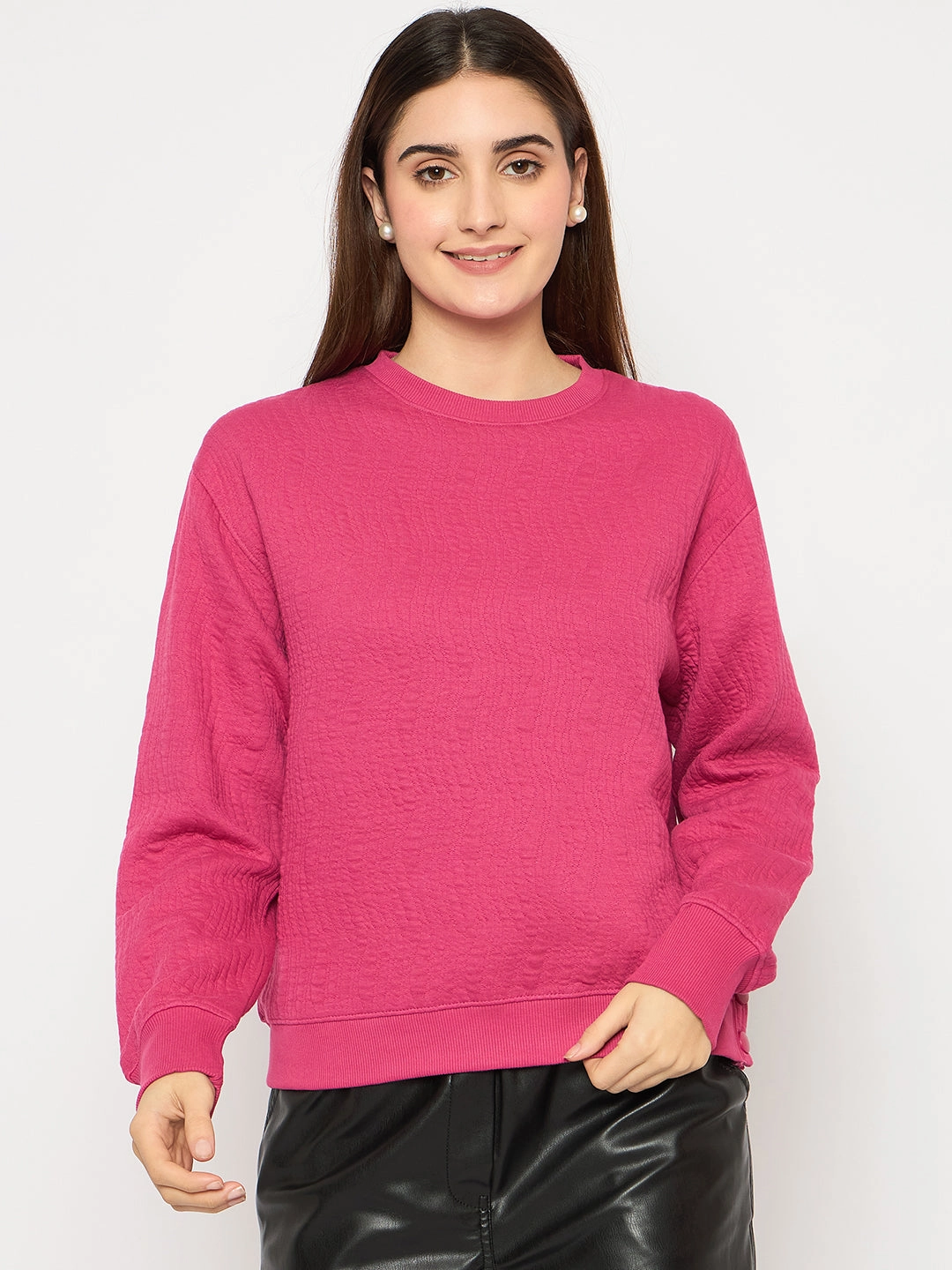 product floral delicacy Madame Knitted Self-Textured Hot Pink Sweatshirt