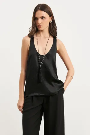 Reinforced Stress Points Durable Reinforced Elbows Crushed Satin Plunge U Neck Tank Top - Black