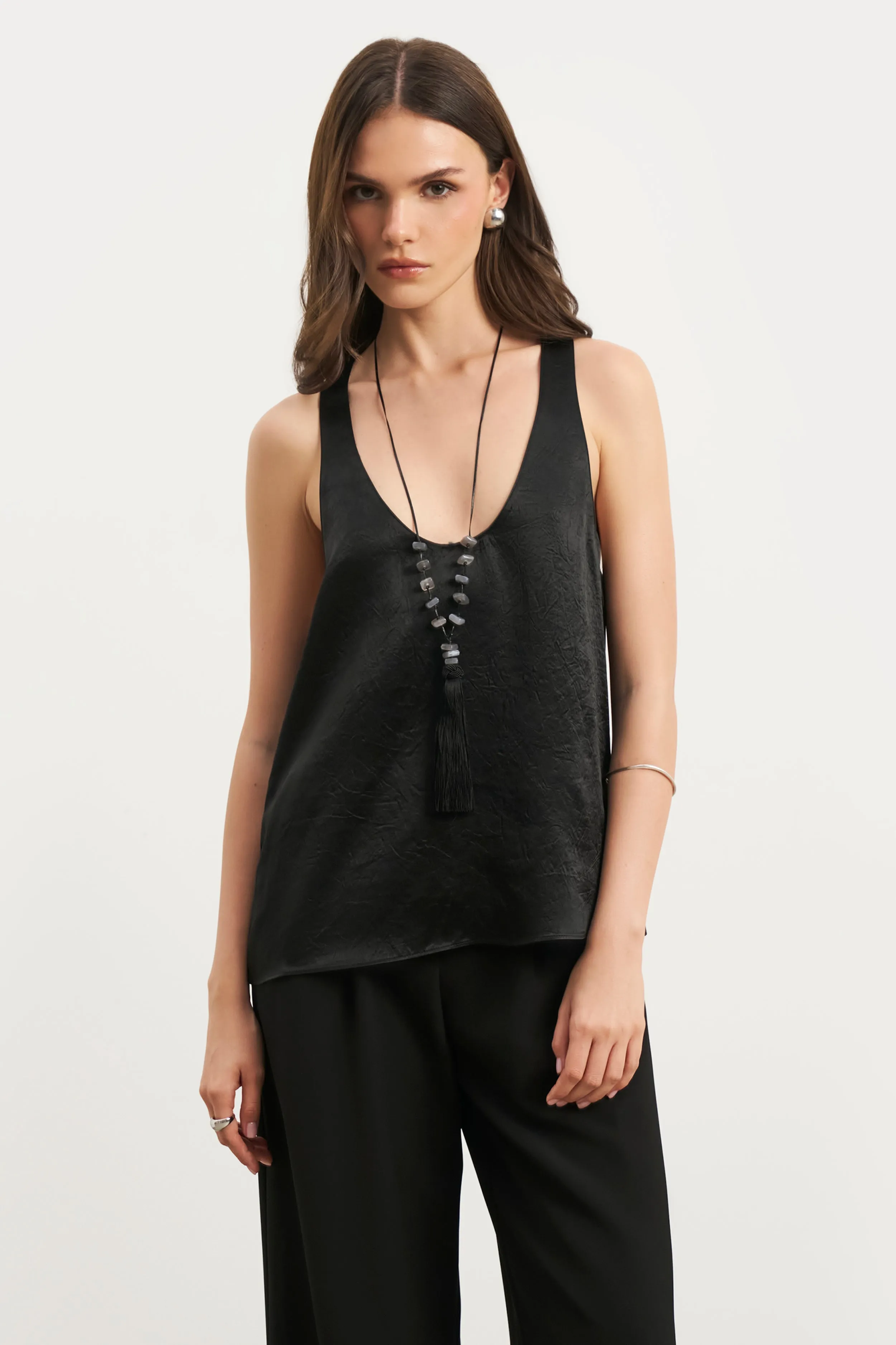Crushed Satin Plunge U Neck Tank Top - Black Contrast Stitch Detailing FlexibleCuffs