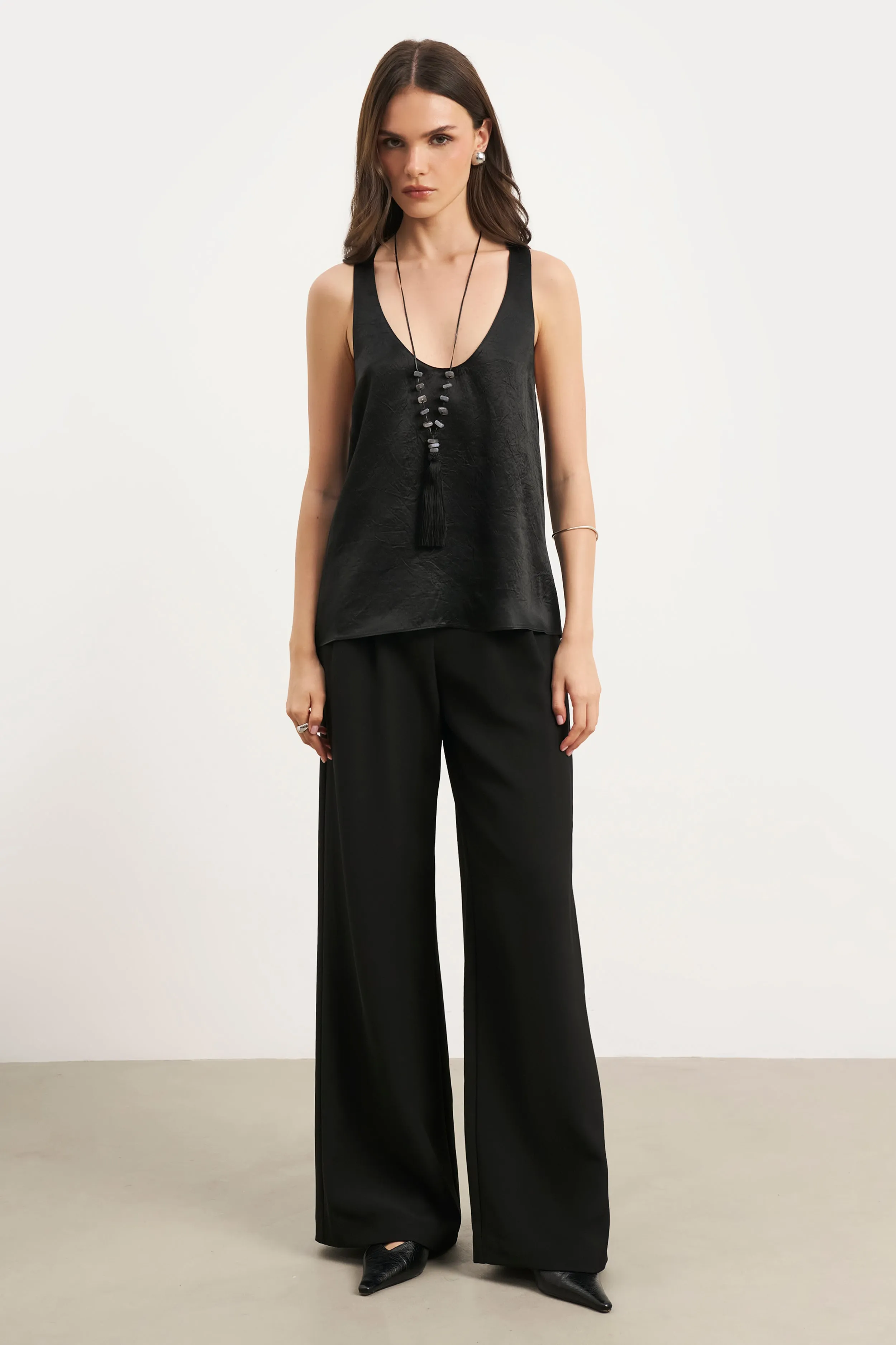 Crushed Satin Plunge U Neck Tank Top - Black MicrofiberBlend EcoFriendlyBlend