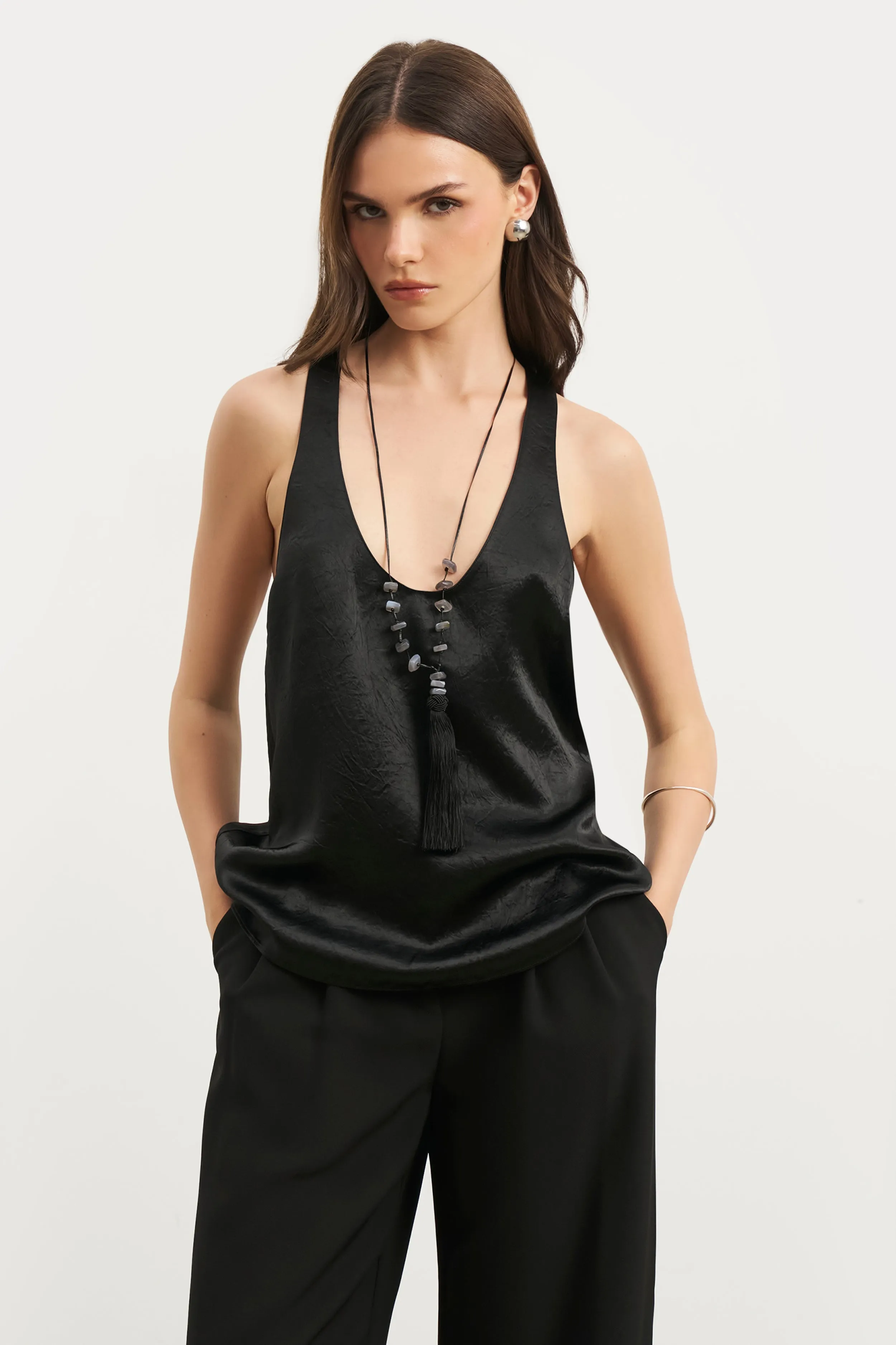 MoistureWicking Fabric Crushed Satin Plunge U Neck Tank Top - Black